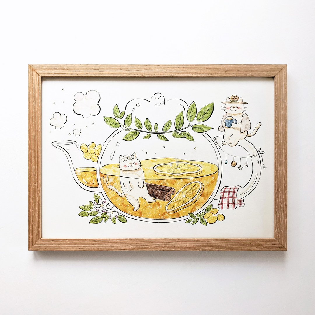 A4 Cats and lemon tea Art print - 海报/装饰画/版画 - 纸 黄色