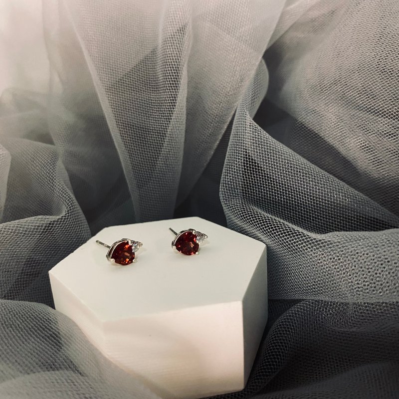 法式微醺 | 心心相映 | 天然宝石 925银耳环 - 耳环/耳夹 - 半宝石 红色