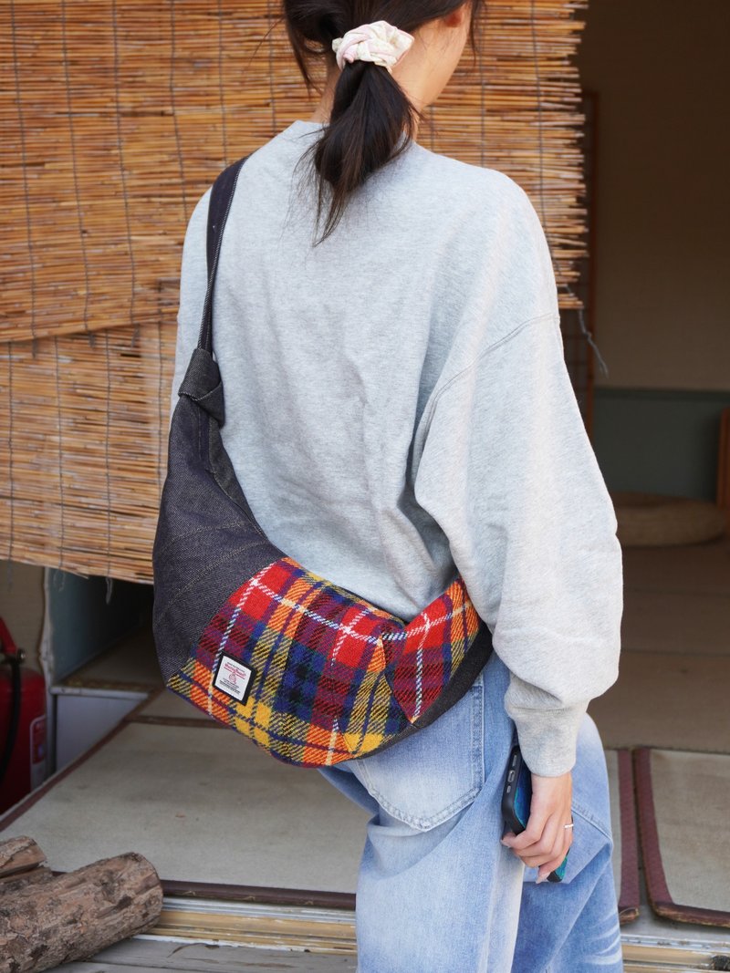 日系文艺harris tweed牛角包复古休闲女单肩斜挎拉链牛仔格纹包 - 侧背包/斜挎包 - 羊毛 蓝色