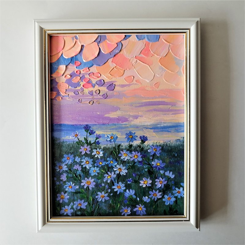 Acrylic Painting of Sunset Landscape with Daisies and Flower Artwork - 墙贴/壁贴 - 压克力 多色