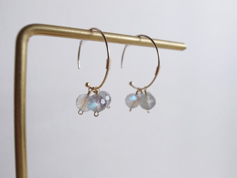 14KGF 灰拉长石 颗颗有光 天然石耳环 圆圈款 可改耳夹 - 耳环/耳夹 - 宝石 灰色