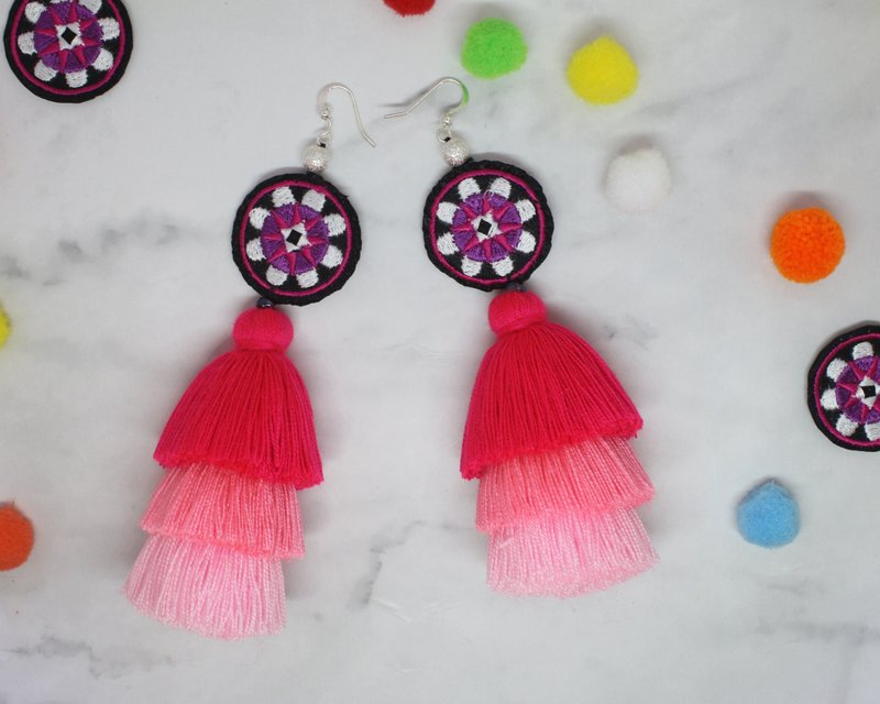 Pink Dangle Drop Statement Earrings Sweet Boho Jewelry for Her Best Friend - 耳环/耳夹 - 棉．麻 粉红色