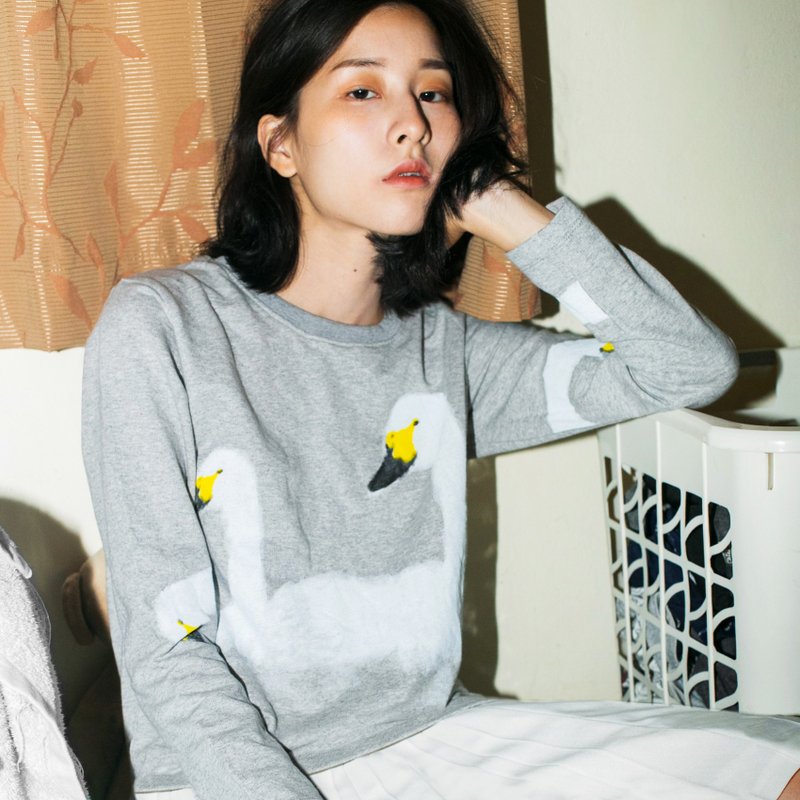 swans -  LONG SLEEVE crop top 与 SHORT SLEEVE crop top - 女装 T 恤 - 棉．麻 灰色