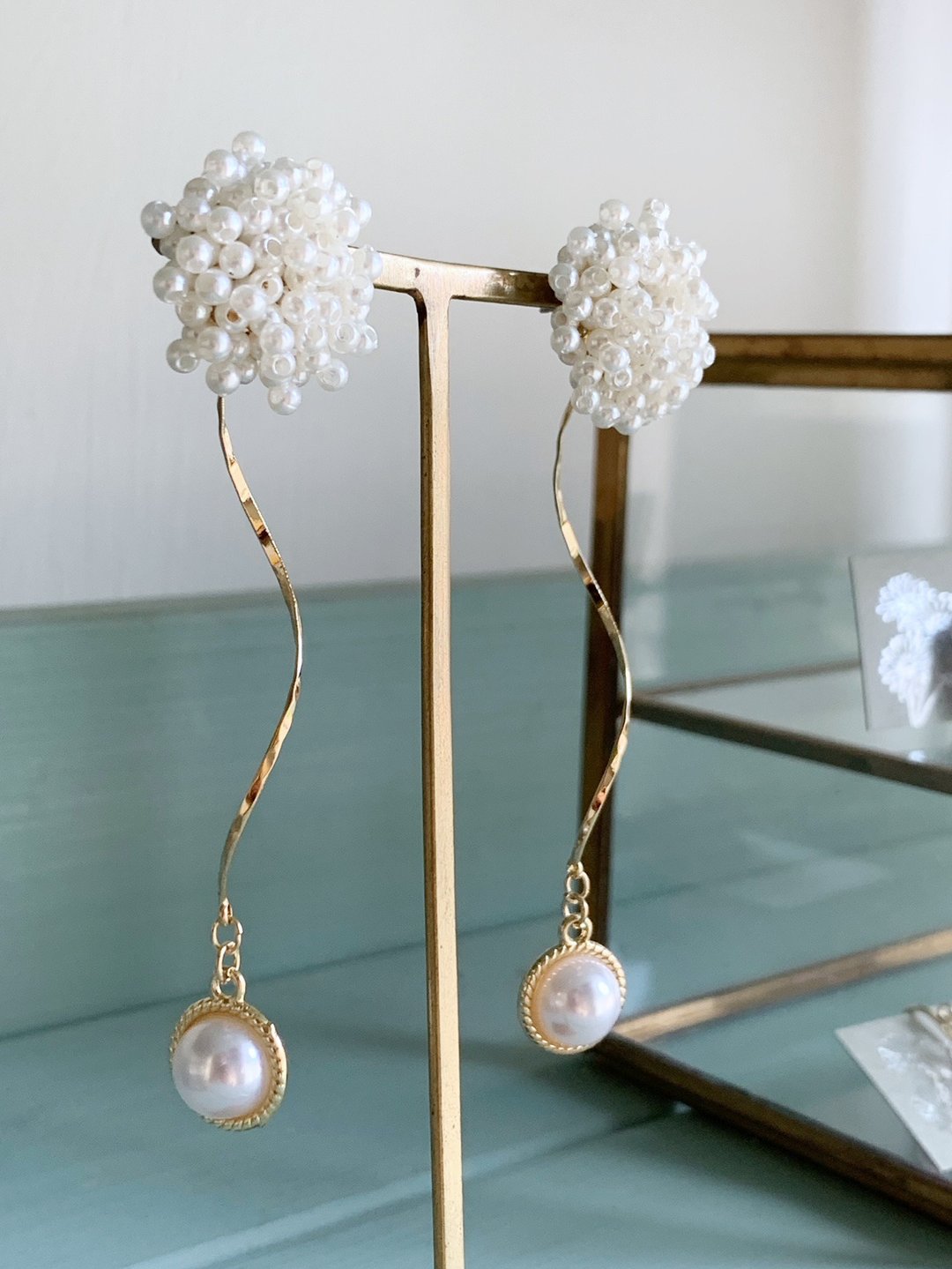 [2WAY] Tubu-Tubu Beads and Swaying Pearl Beads Earrings - 耳环/耳夹 - 其他材质 金色