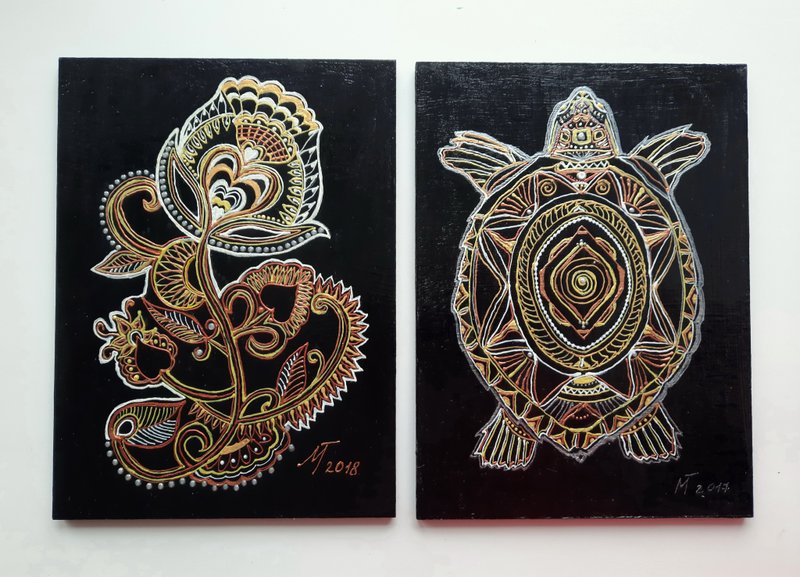 2 件套艺术装饰室内艺术作品图形图案标记绘图黑色和金色艺术 - 墙贴/壁贴 - 其他材质 多色