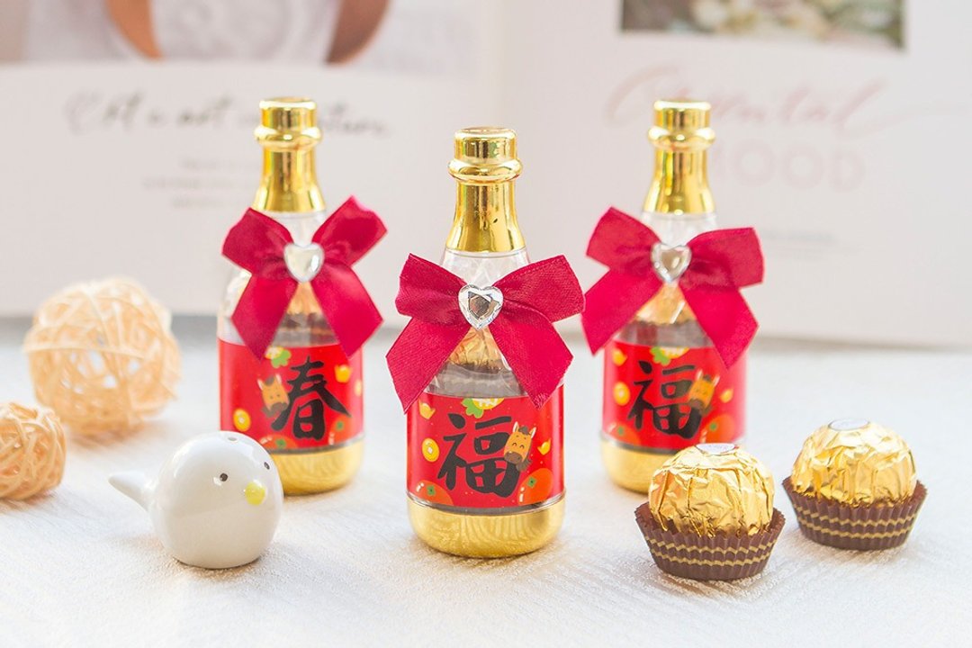 马年春来福到香槟糖果瓶(金莎2颗入) - 巧克力 - 新鲜食材 红色