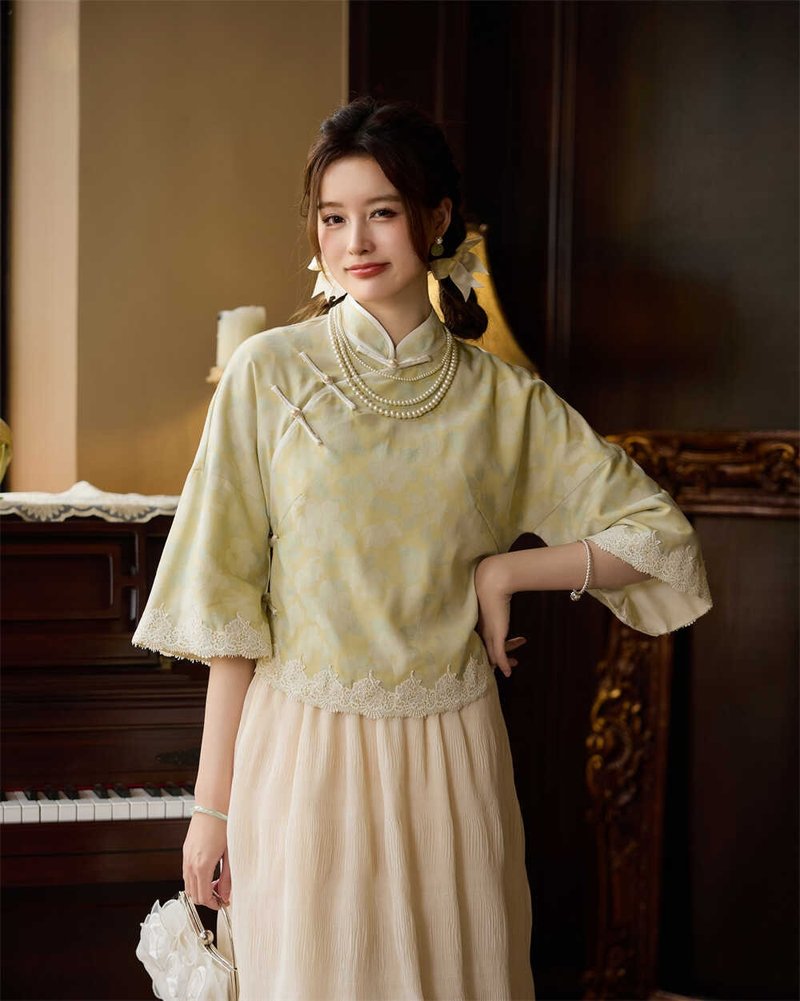 黃綠色 套裝可選 新中式國風茶服女士復古斜襟唐裝蕾絲上衣+裙子 - 旗袍 - 聚酯纤维 绿色