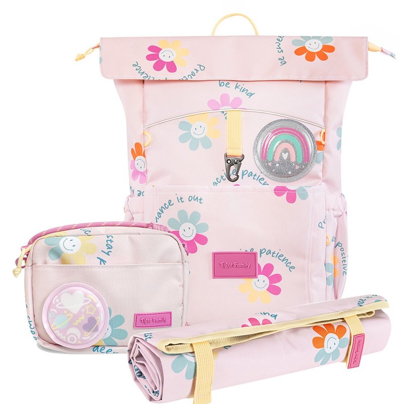 三件组 儿童创意休闲背包(大尺寸)-花花世界 附斜背包 野餐垫 - 后背包/双肩包 - 防水材质 粉红色
