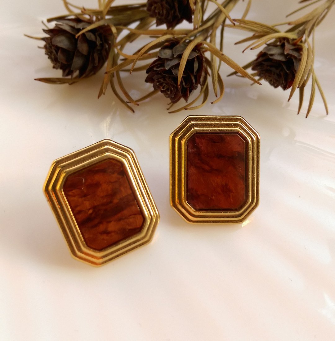 西洋古董饰品。茶色 云彩  针式耳环 - 耳环/耳夹 - 其他金属 金色