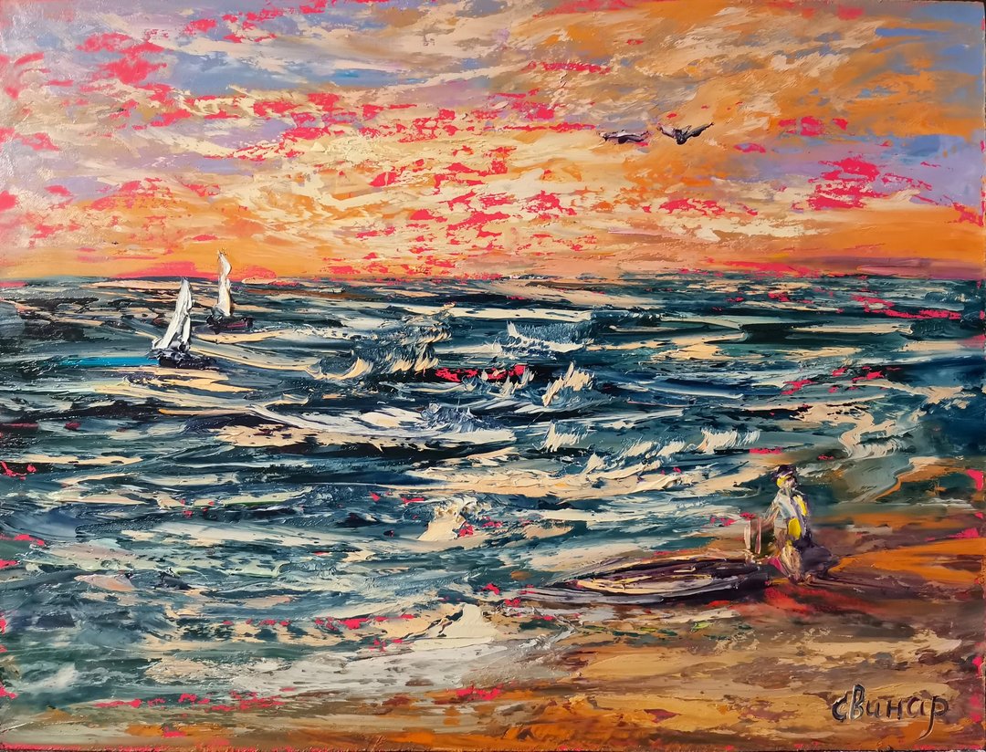 Sailboat Surfing Sea Sunset Seagulls Original Art Oil Painting Artist Svinar Oks - 其他 - 其他材质 多色