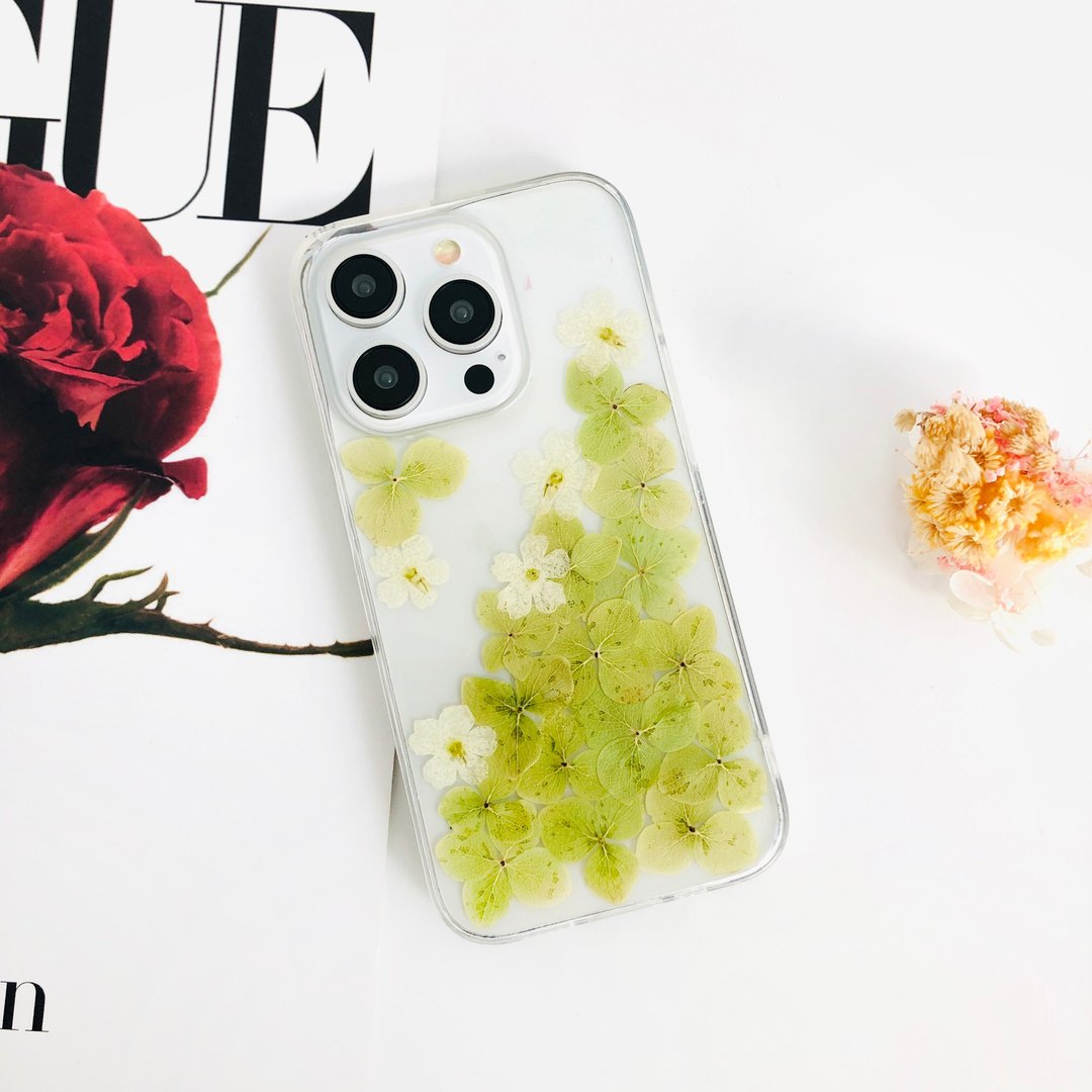 绿色绣球花白花押花手机壳适用于iPhone 16 Pro Max Samsung S25 - 手机壳/手机套 - 植物．花 
