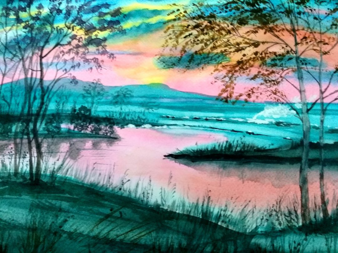 Original watercolor painting Pink sunset. 24x32 cm. Unframed. - 墙贴/壁贴 - 纸 