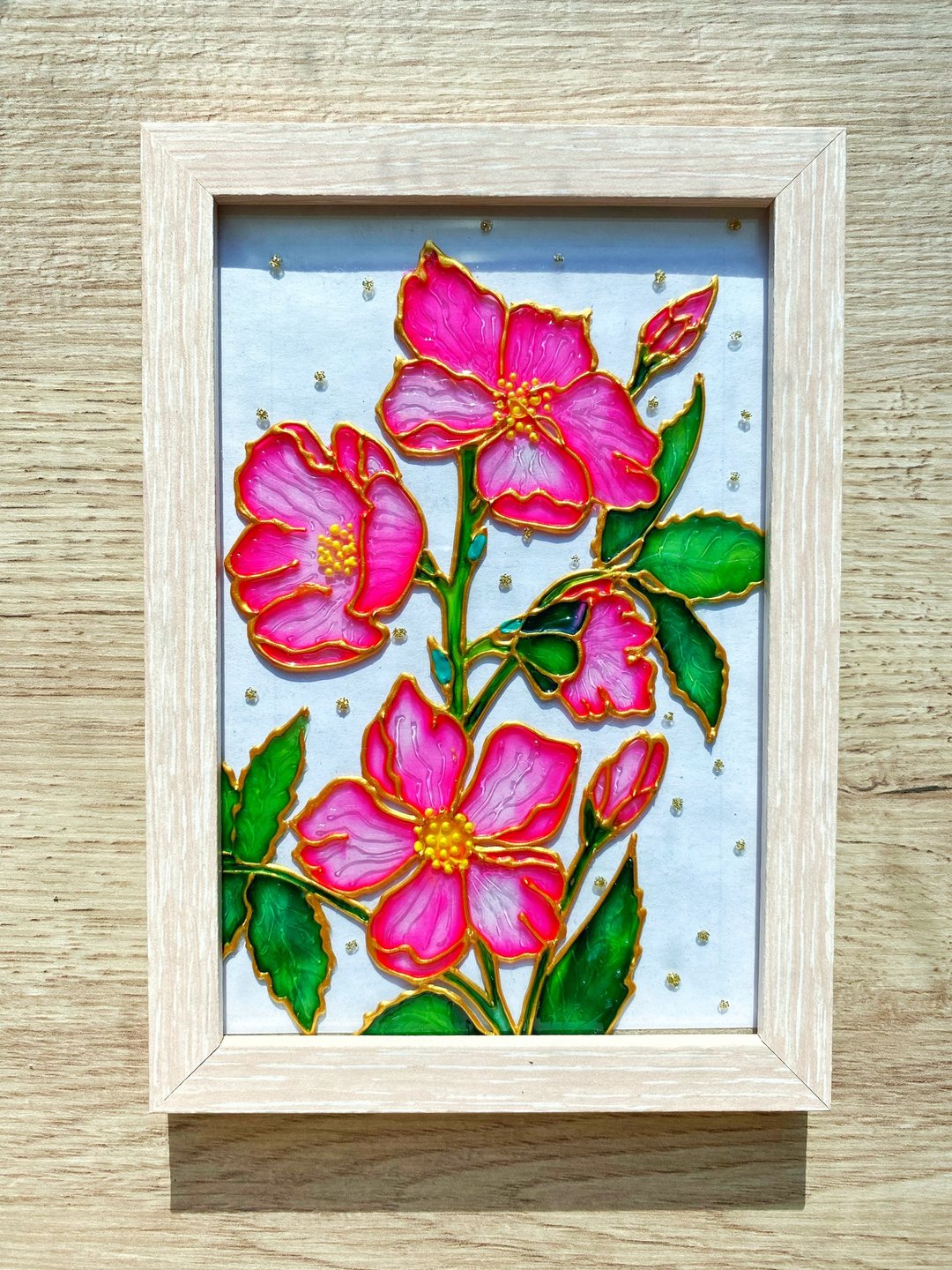 彩色玻璃画微型粉红色玫瑰果 17x12 厘米原墙挂 - 墙贴/壁贴 - 玻璃 粉红色