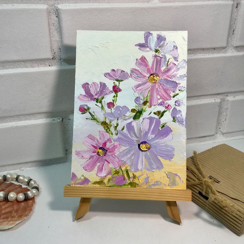Cosmea flower painting original art small meadow miniature landscape wildflowers - 墙贴/壁贴 - 纸 紫色