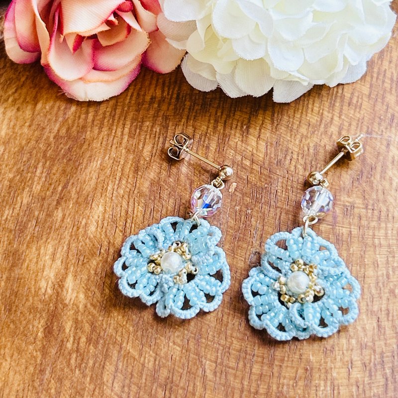 奥地利水晶手工梭织耳环 - 耳环/耳夹 - 棉．麻 蓝色