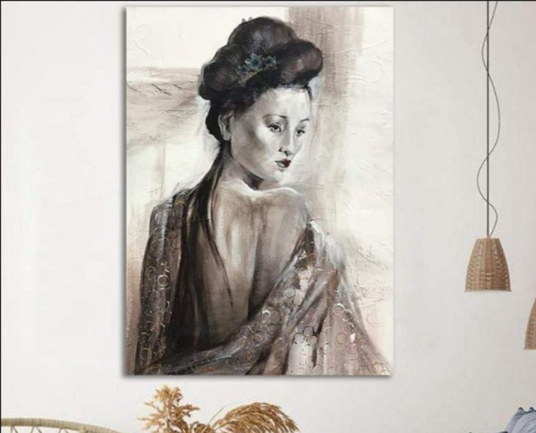 日本艺伎绘画女性肖像艺术亚洲墙艺术独特的艺术绘画 - 墙贴/壁贴 - 压克力 灰色