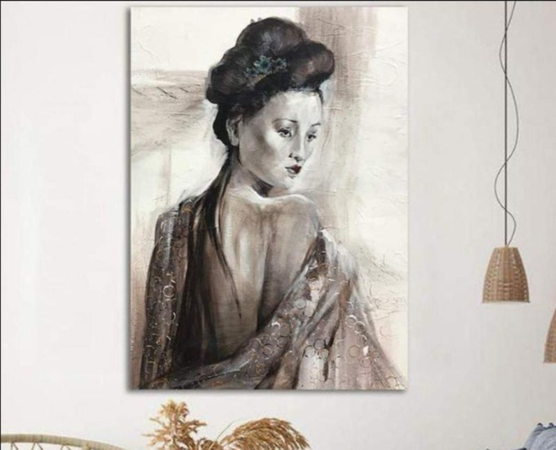 日本艺伎绘画女性肖像艺术亚洲墙艺术独特的艺术绘画 - 墙贴/壁贴 - 压克力 灰色