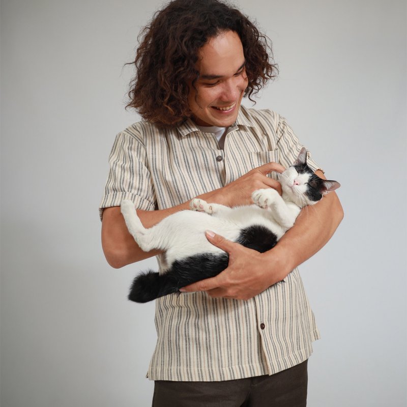 手工编织 天然染色 男士棉质衬衫 Haru 棉质衬衫 奶油色 - 男装上衣/T 恤 - 棉．麻 咖啡色