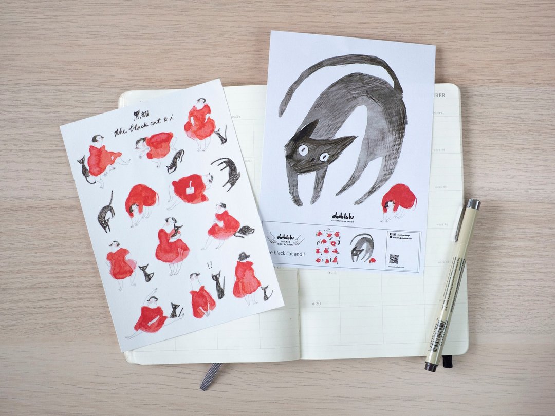 手帐贴纸-黑猫 | 女孩贴纸-手帐素材-纸贴纸 | 插画 dodolulu - 贴纸 - 纸 红色