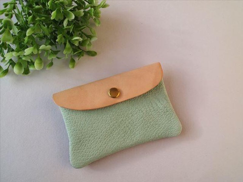 [Light blue green x Murasaki] Pig leather soft card case [Made to order] Leather pass case - 名片夹/名片盒 - 真皮 蓝色