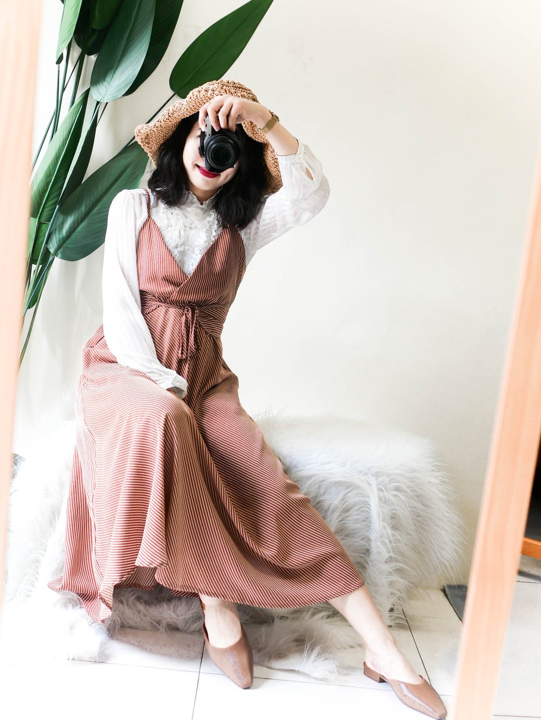 南瓜澄细条纹绑带浪漫春季 古董细肩带A字连身洋装长裙 dress - 洋装/连衣裙 - 聚酯纤维 橘色