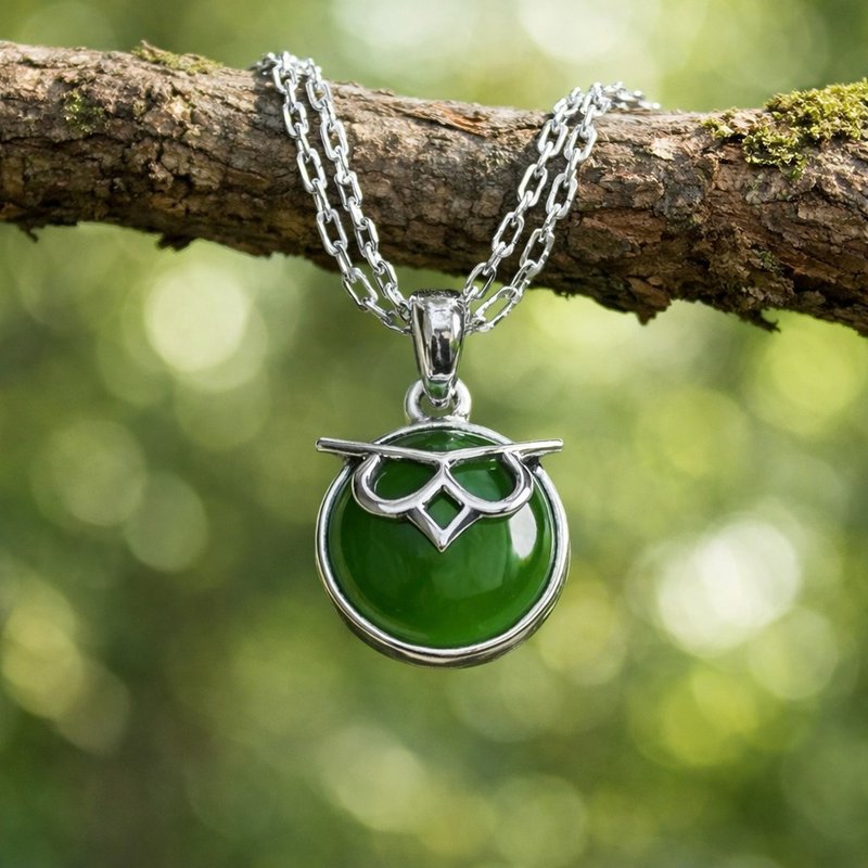 圆滚滚 猫头鹰 玉 坠子 天然碧玉 A货  10 mm 925 纯银 礼物 - 项链 - 宝石 绿色