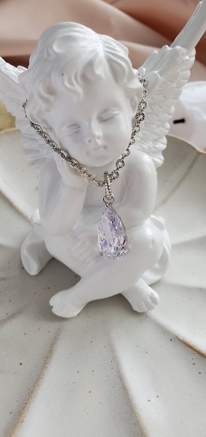 黄铜项链镀铑 ~ 单钻项链 ~ 水滴形锆石项链 ~ 银色 - 项链 - 铜/黄铜 银色