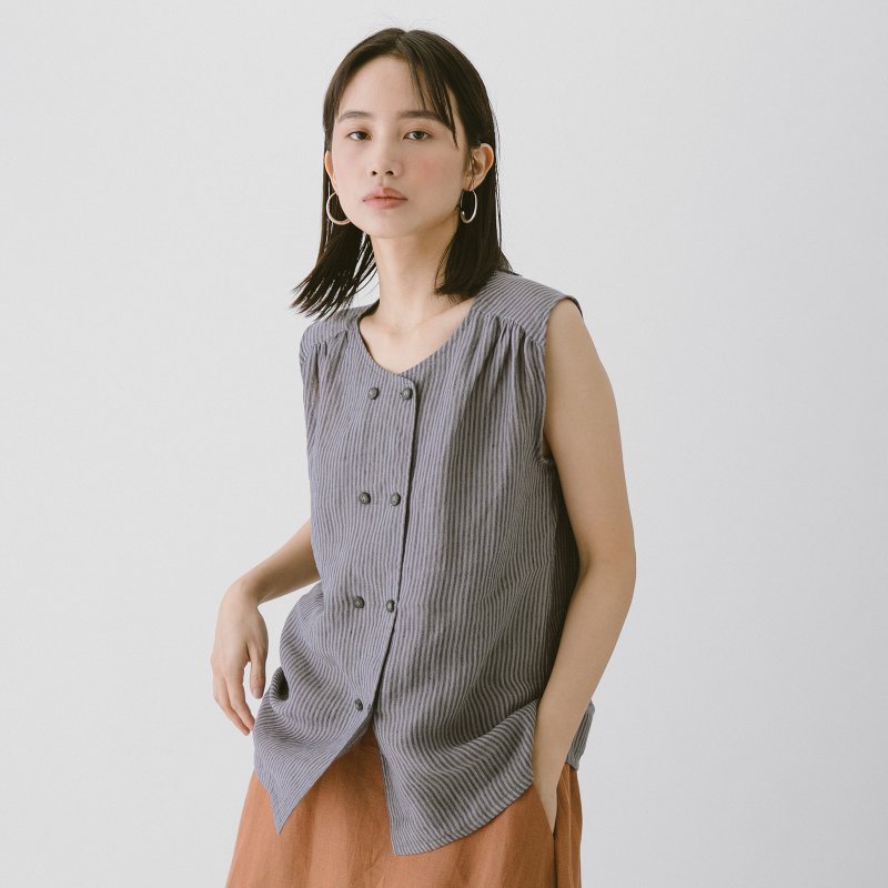 双排扣背心 - 条纹 - 女装背心 - 棉．麻 灰色