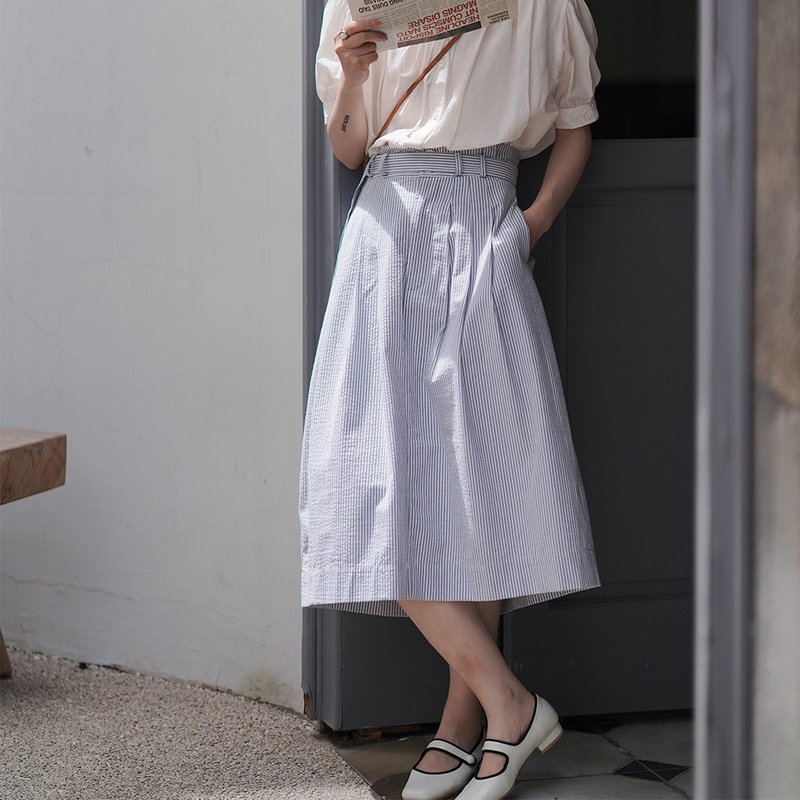 蓝条纹高腰A字裙|裙子|夏春款|Sora-937 - 裙子 - 棉．麻 蓝色