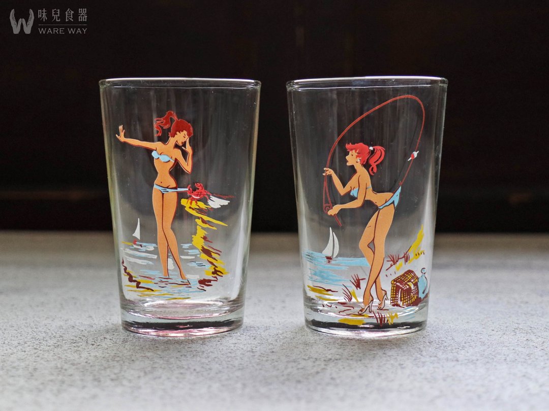 早期印花水杯组－夏日女郎 (旧物/老件/玻璃/图花/清凉) - 玻璃杯 - 玻璃 多色