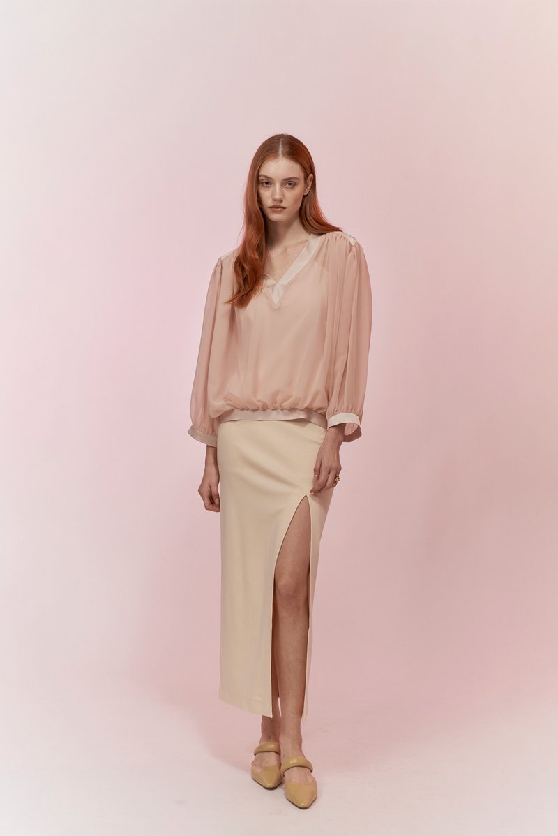 米黄棉针织开衩裙 - 裙子 - 棉．麻 白色