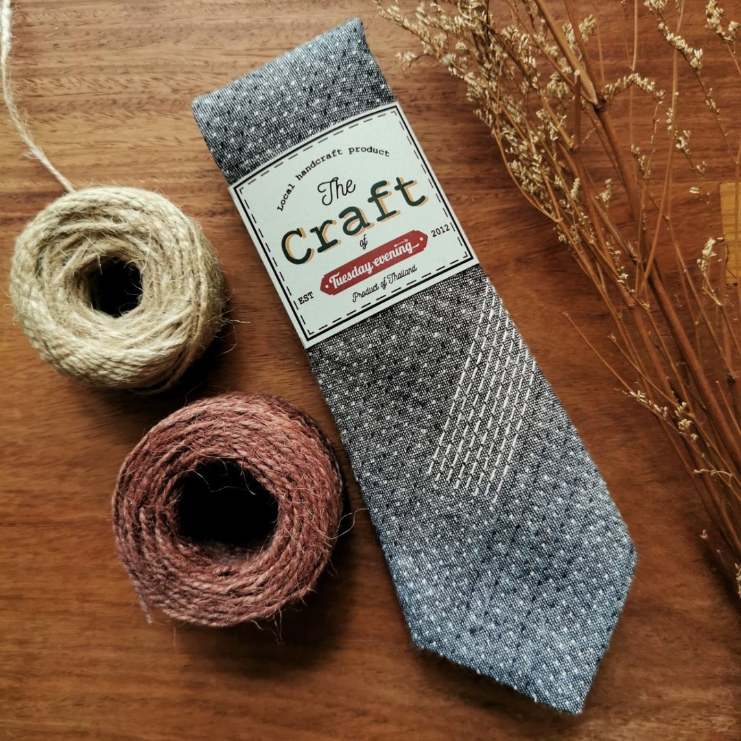 The Craft Grey Cotton Stitchy Dot Stripe Necktie - 领带/领带夹 - 棉 灰色