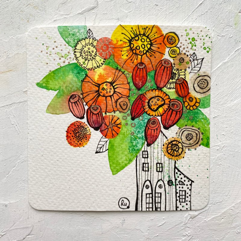 Floral painting Bright Original art Mini card House artwork Miniature watercolor - 海报/装饰画/版画 - 纸 红色