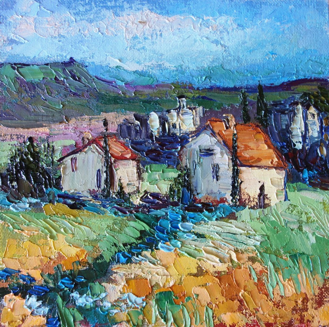 Village Painting Oil Rural Original Art 油畫原作 Summer Meadow Landscape Artwork - 海报/装饰画/版画 - 颜料 多色