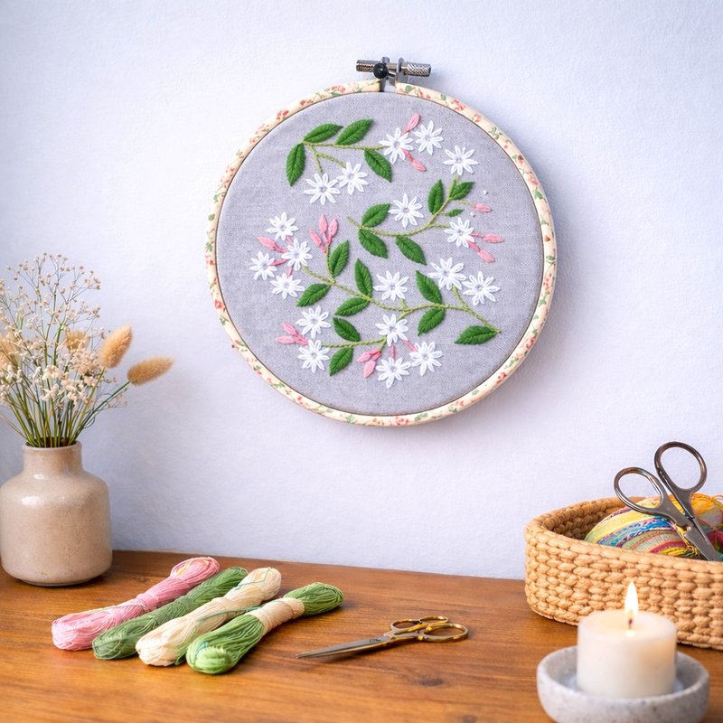 攀爬茉莉花手工刺绣材料包 - 花卉刺绣绷艺术 4 英寸 6 英寸 - 新 - 编织/刺绣/羊毛毡/裁缝 - 棉．麻 