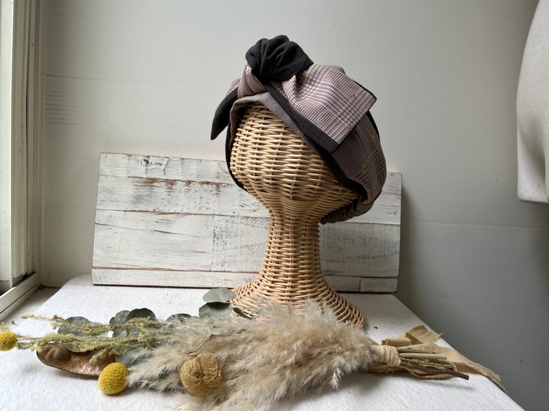 金色樱桃茶色千鸟格-日式绑带发带ヘアバンド - 发带/发箍 - 棉．麻 