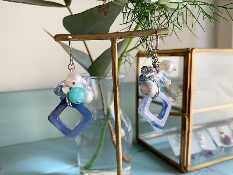 【四月生日石】水晶天河石耳针耳夹，让你的愿望成真 - 耳环/耳夹 - 半宝石 蓝色