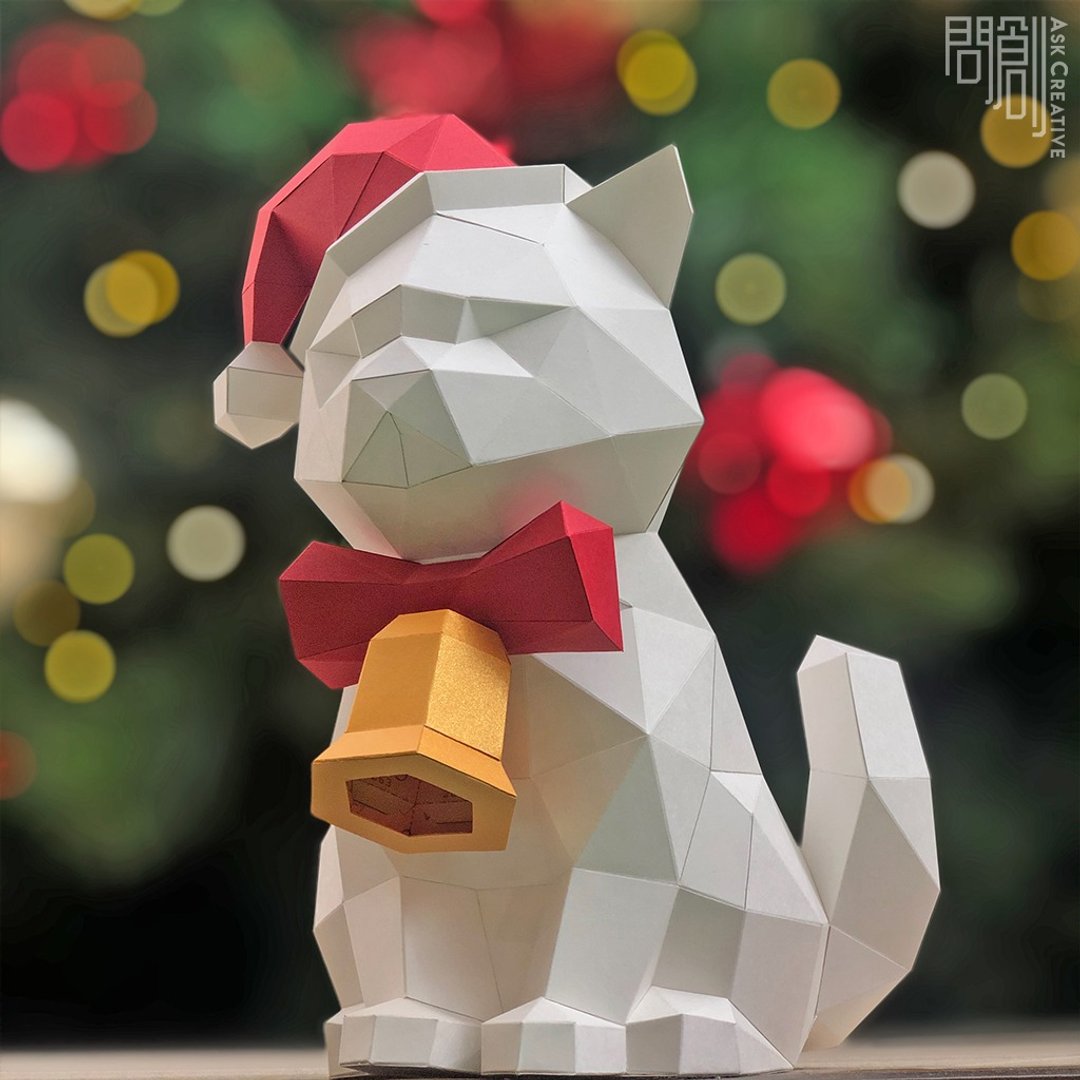 DIY手作3D纸模型摆饰 圣诞节/节庆系列 - 圣诞猫(四色可选) - 玩偶/公仔 - 纸 卡其色