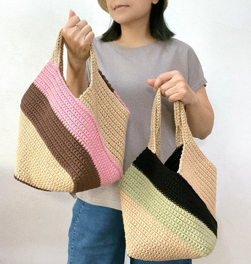 拼色棉线编织4角手提包-草莓冰+巧克力+卡其白 - 手提包/手提袋 - 棉．麻 