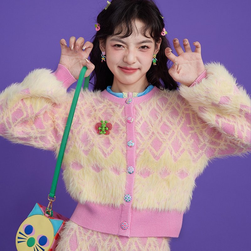 菱形格纹毛绒开衫少女减龄毛衣针织开衫 - 女装上衣 - 其他材质 多色