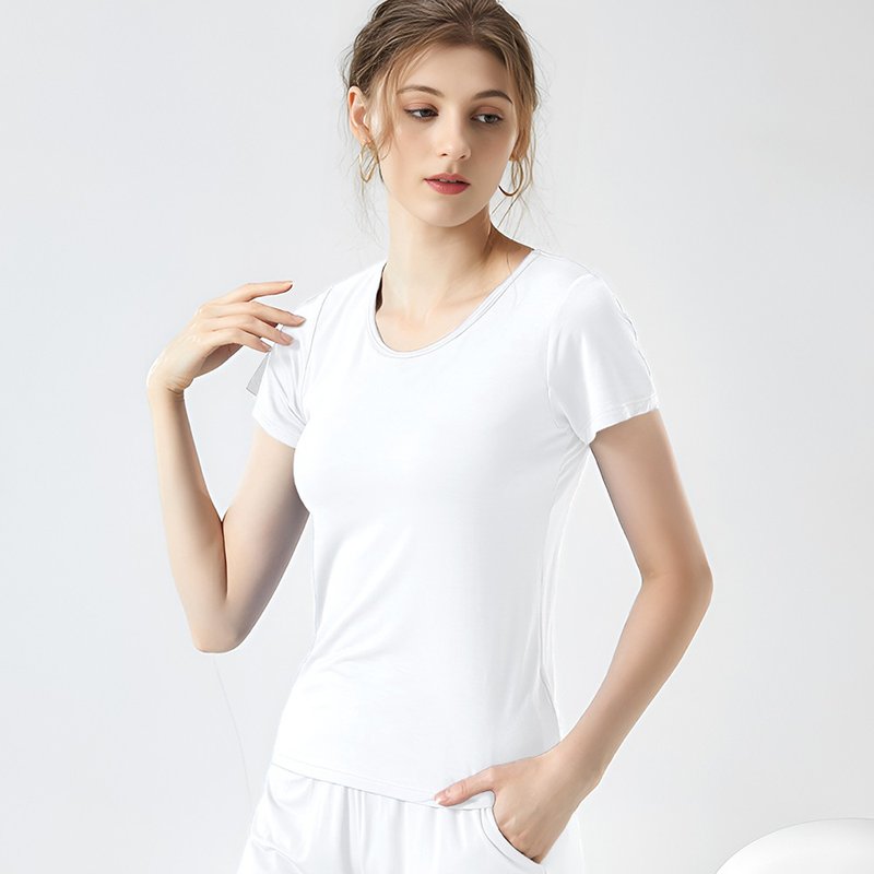 Pink Lady 6色-罩杯式 超柔软莫代尔居家短袖衬垫上衣 BRATOP - 女装 T 恤 - 其他人造纤维 白色