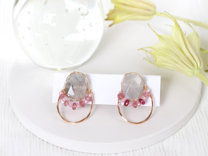 14kgf- sheer gray quartz & tourmaline wrap jewel pierced earrings - 耳环/耳夹 - 其他金属 灰色