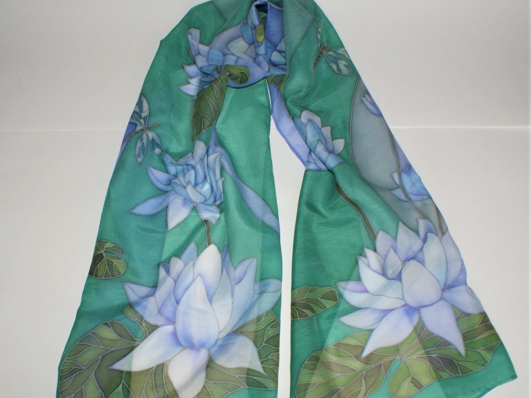 Buy lotus flower scarf Hand painted scarf Silk cotton blend scarf - 丝巾 - 丝．绢 绿色