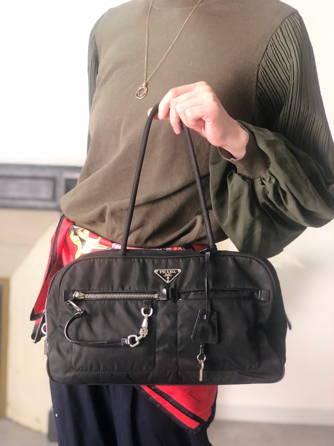 【日本直送 名牌古着包】PRADA 普拉达 手提包 黑色 三角标志 锁头 尼龙 迷你波士顿包 vintage a5w87e - 手提包/手提袋 - 尼龙 黑色