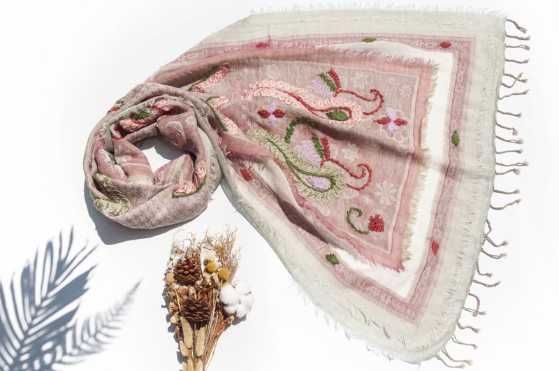 喀什米尔Cashmere/水煮羊毛披肩/针织围巾/刺绣围巾/羊绒披巾-花 - 围巾/披肩 - 羊毛 粉红色