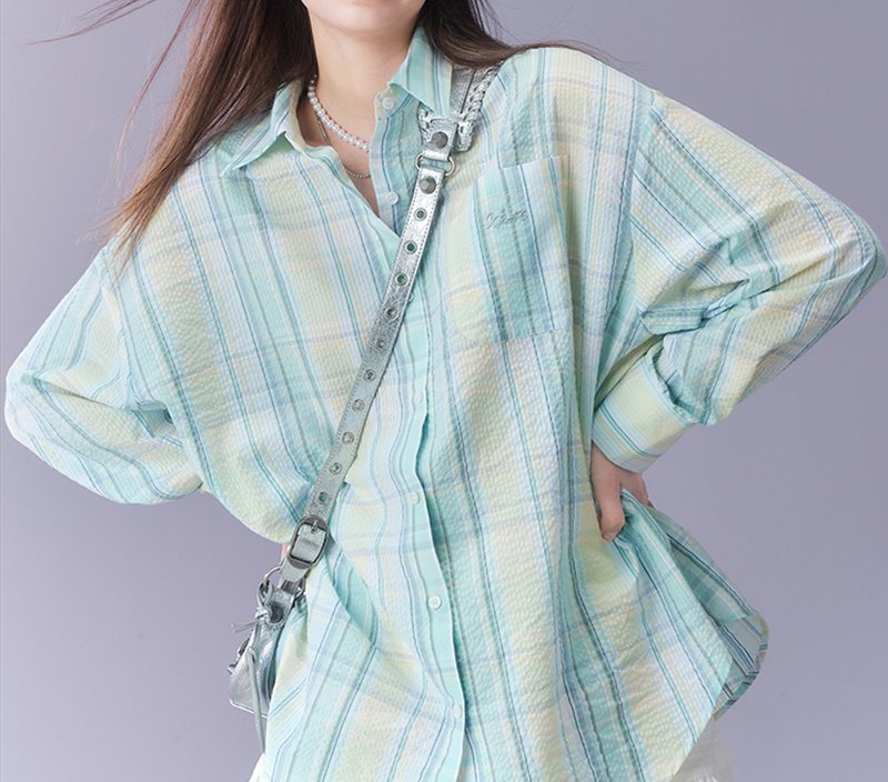 法式复古 蓝绿格子寬鬆慵懒薄荷曼波衬衫 - 女装衬衫 - 其他材质 绿色