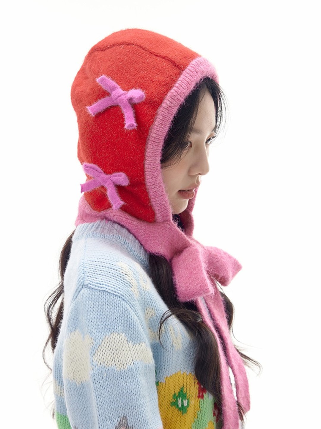 粉红色可爱蝴蝶结 长系带 小红帽针织帽 - 帽子 - 其他材质 多色