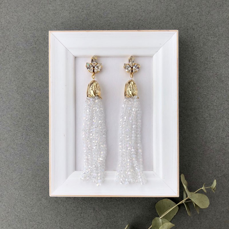 Beaded Tassels-clear - 耳环/耳夹 - 玻璃 白色