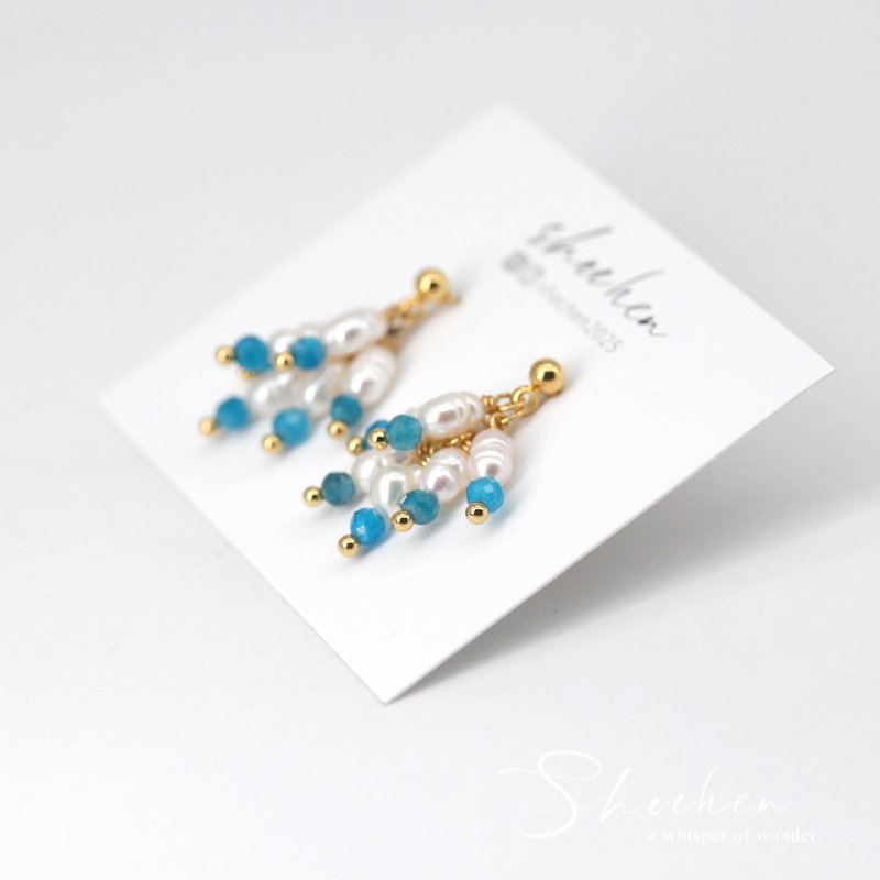 天然萤光蓝磷灰石+天然螺纹小米珍珠耳环 天然石耳坠 饰品 - 耳环/耳夹 - 珍珠 白色