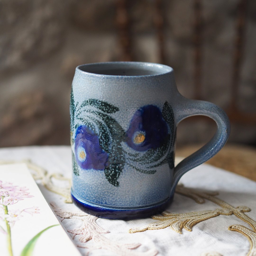 1960年法国 手工制作 盐炻 花卉陶器杯 - 其他杯子 - 陶 蓝色